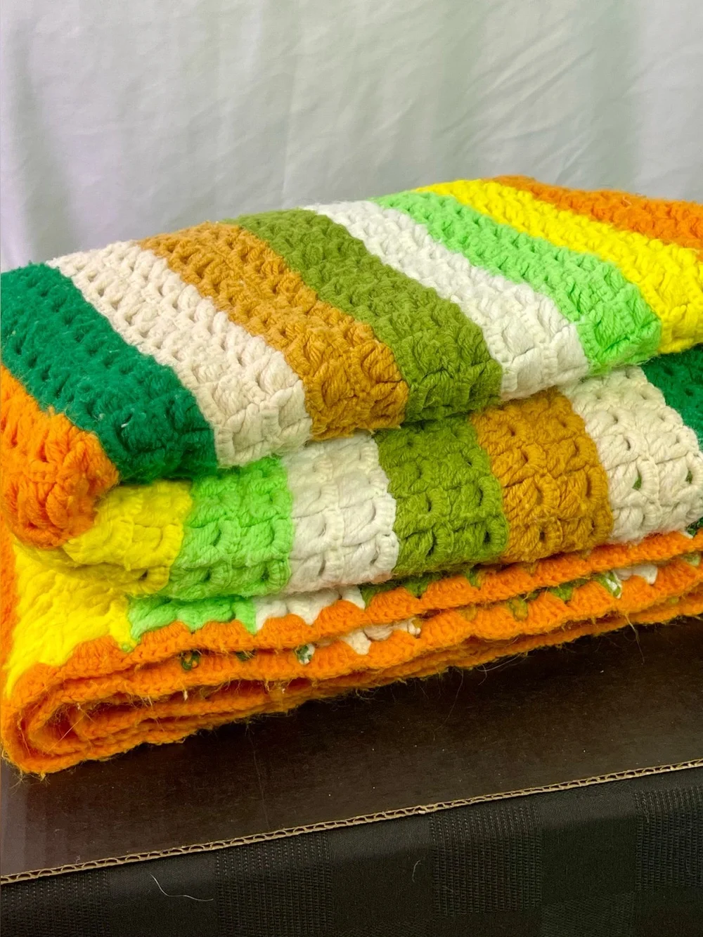 Vintage Handmade Striped Crochet Afghan in Greens, Yellow, Brown, White & Orange
